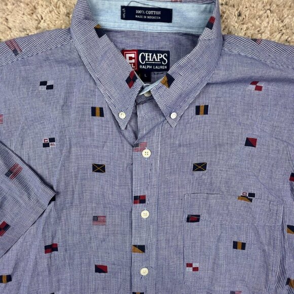 CHAPS Ralph Lauren Shirt Large Blue Check Button Up S/S Travel Countries Flags - Picture 1 of 9